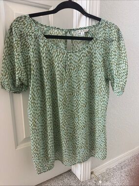 CAbi Mint & Olive Printed Puff-Sleeve Top